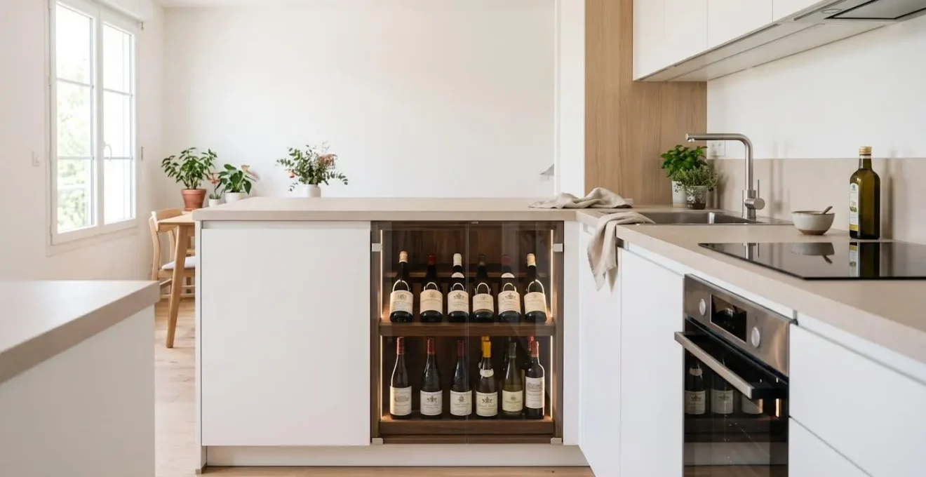 Cave à vin encastrable intégrée sous le plan de travail d'une cuisine moderne, avec clayettes en bois visibles et bouteilles rangées derrière une porte vitrée