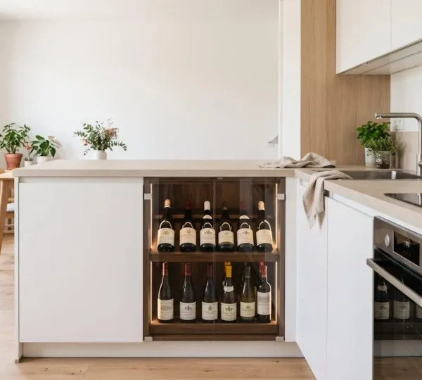 Cave à vin encastrable intégrée sous le plan de travail d'une cuisine moderne, avec clayettes en bois visibles et bouteilles rangées derrière une porte vitrée