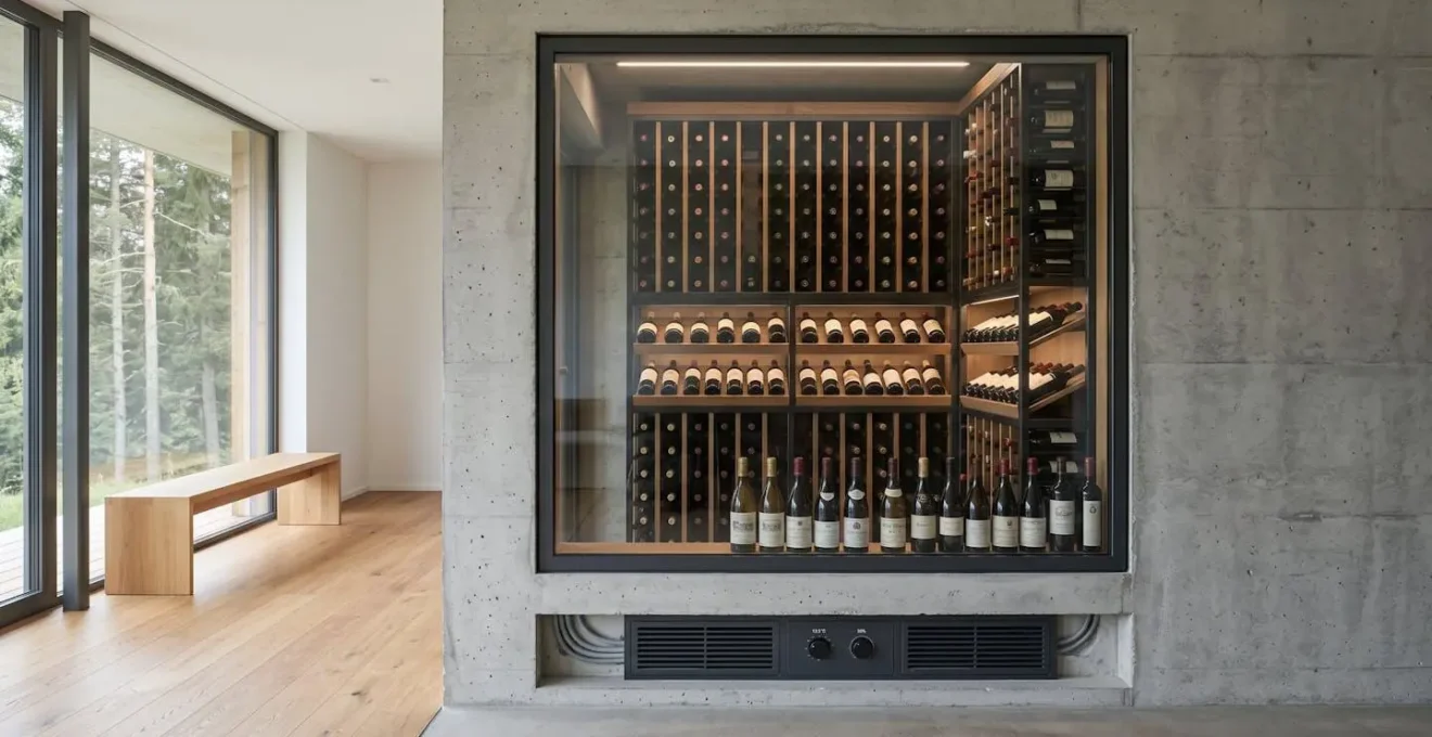 Vue de profil d'une cave à vin encastrée montrant les contraintes dimensionnelles et l'intégration technique dans un meuble de cuisine
