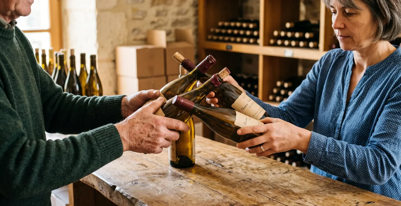 Échange direct de bouteilles de vin entre un vigneron et un client dans un domaine viticole