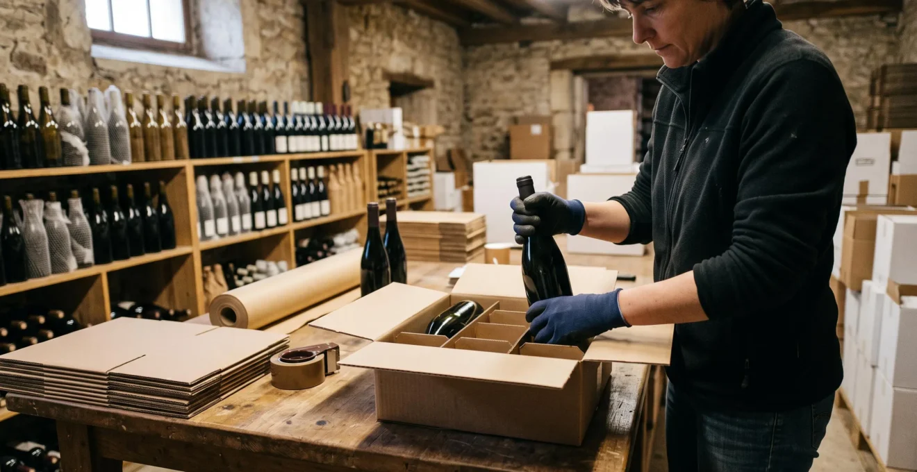 Préparation d'une commande de vin dans l'espace d'expédition d'un domaine viticole indépendant