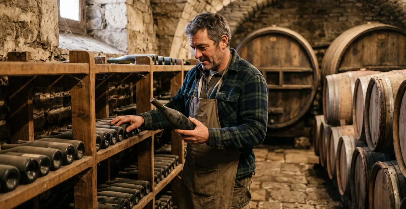 Vigneron indépendant sélectionnant des bouteilles dans sa cave traditionnelle française