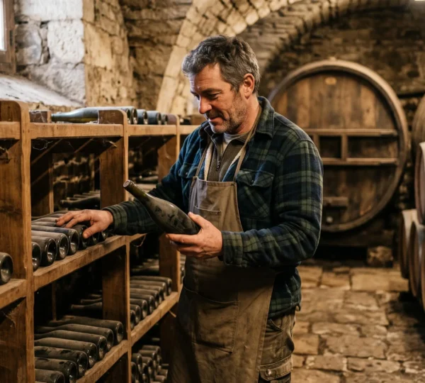 Vigneron indépendant sélectionnant des bouteilles dans sa cave traditionnelle française