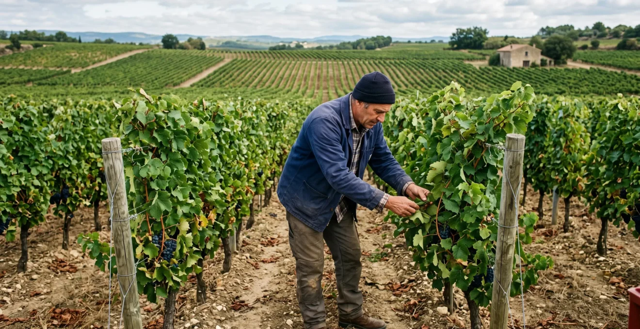 Vigneron indépendant inspectant les vignes dans son domaine viticole français